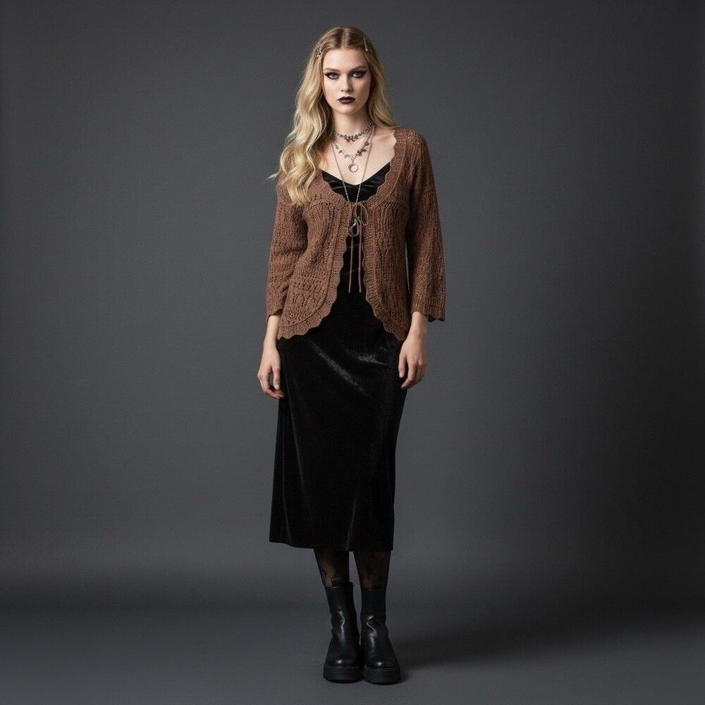 VTG Chocolate Brown Crochet Tie Front Cardigan Sz XL Y2K Boho Hippie Whimsigoth